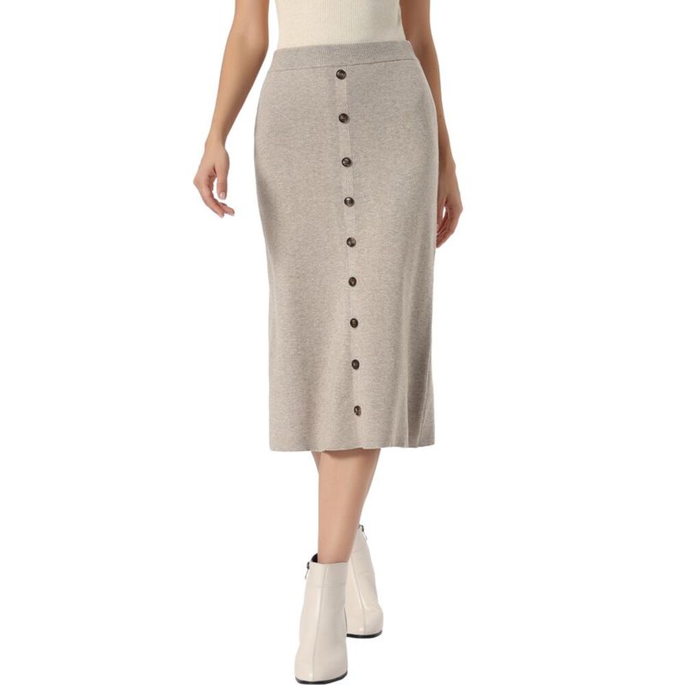 Women's High Waist Button Decor Sweater Skirt Knit Midi Skirt Camel